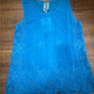Johnny Was Turquoise Eyelet Floral Sleeveless Tank